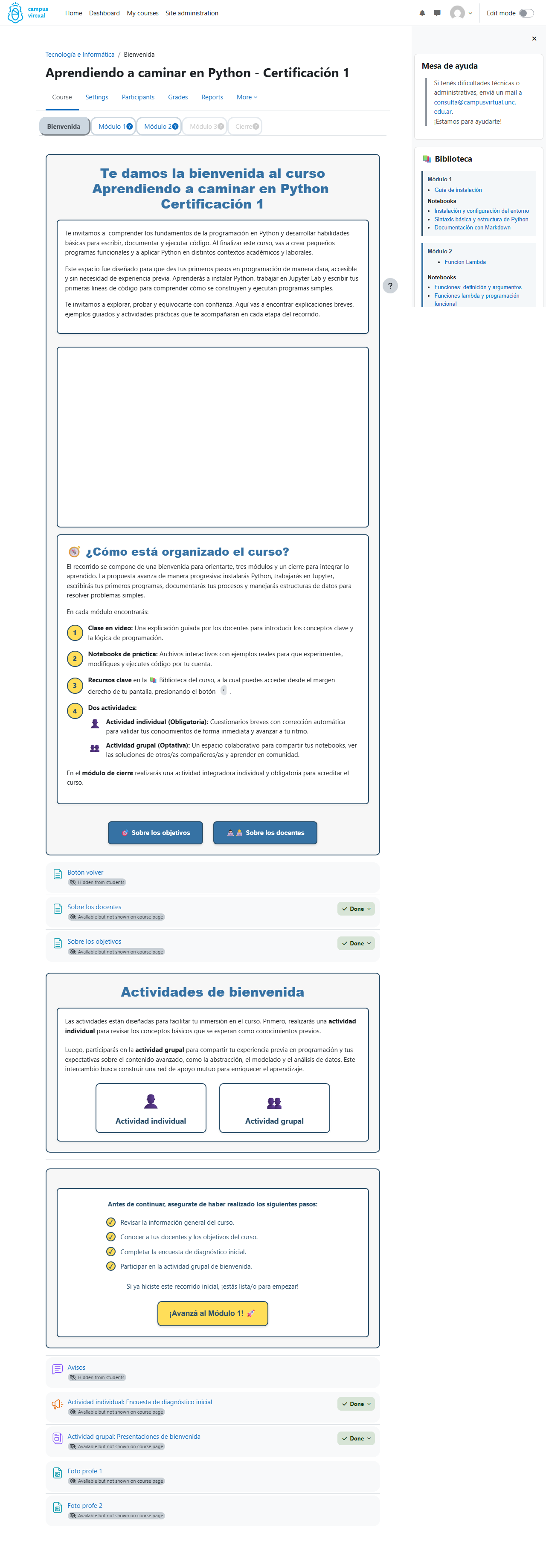 Admin exploration — course edit mode with full layout